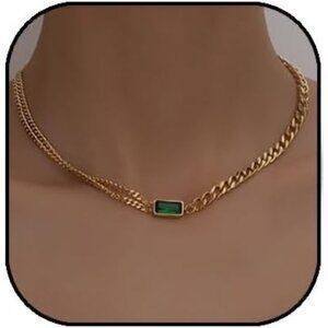 Pendant Necklace Square Green Crystal Necklace Layered Emerald Rhinestones Chokr